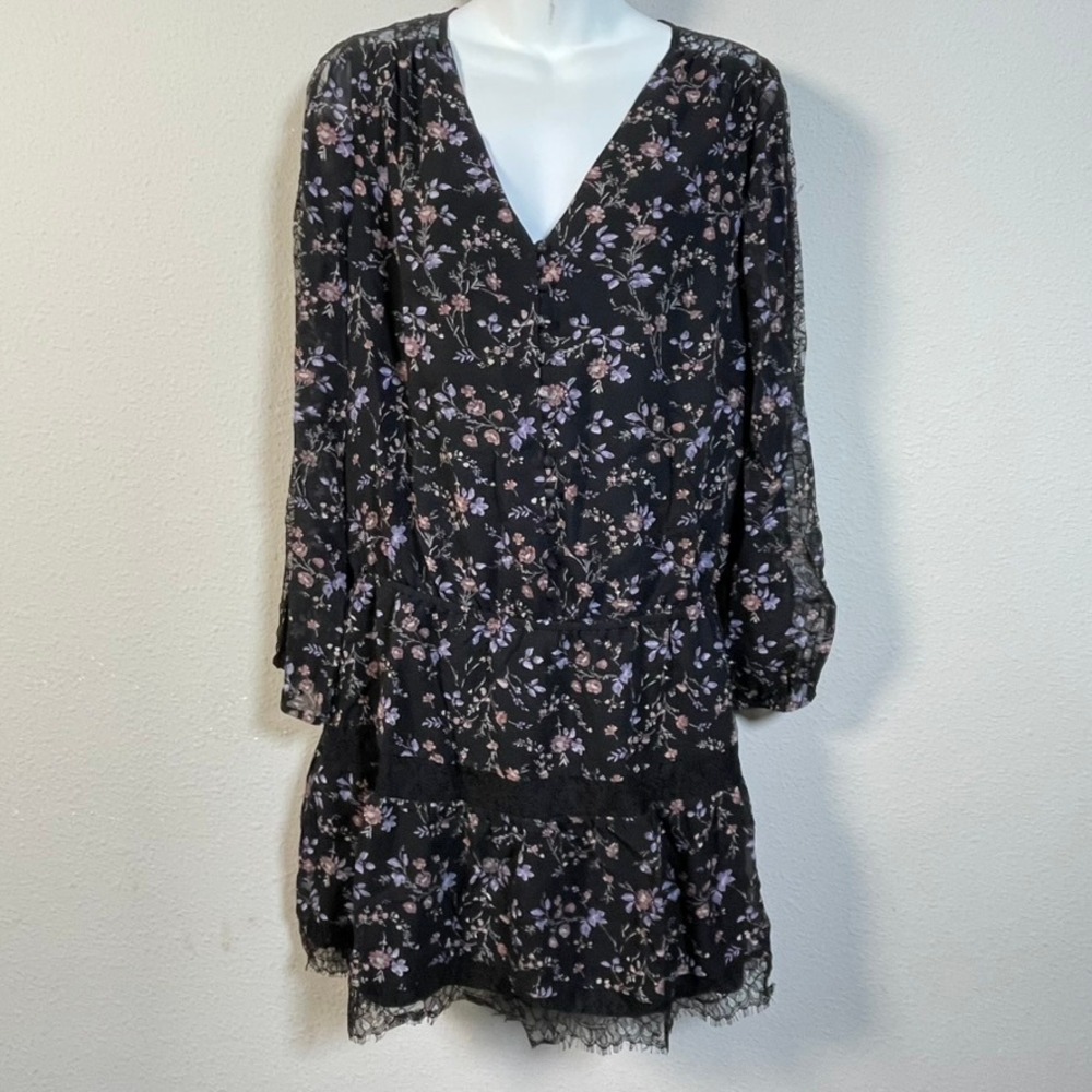 Joie Silk Floral Mini Dress Women M Black Lace Trim Button‎ Up Boho Festival